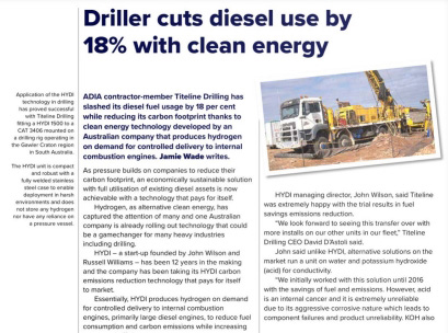 Application of the HYDI technology in drilling has proved successful with Titeline Drilling fitting a HYDI 1500 to a CAT 3406 mounted on a drilling rig operating in Gawler Craton region in South Australia.
